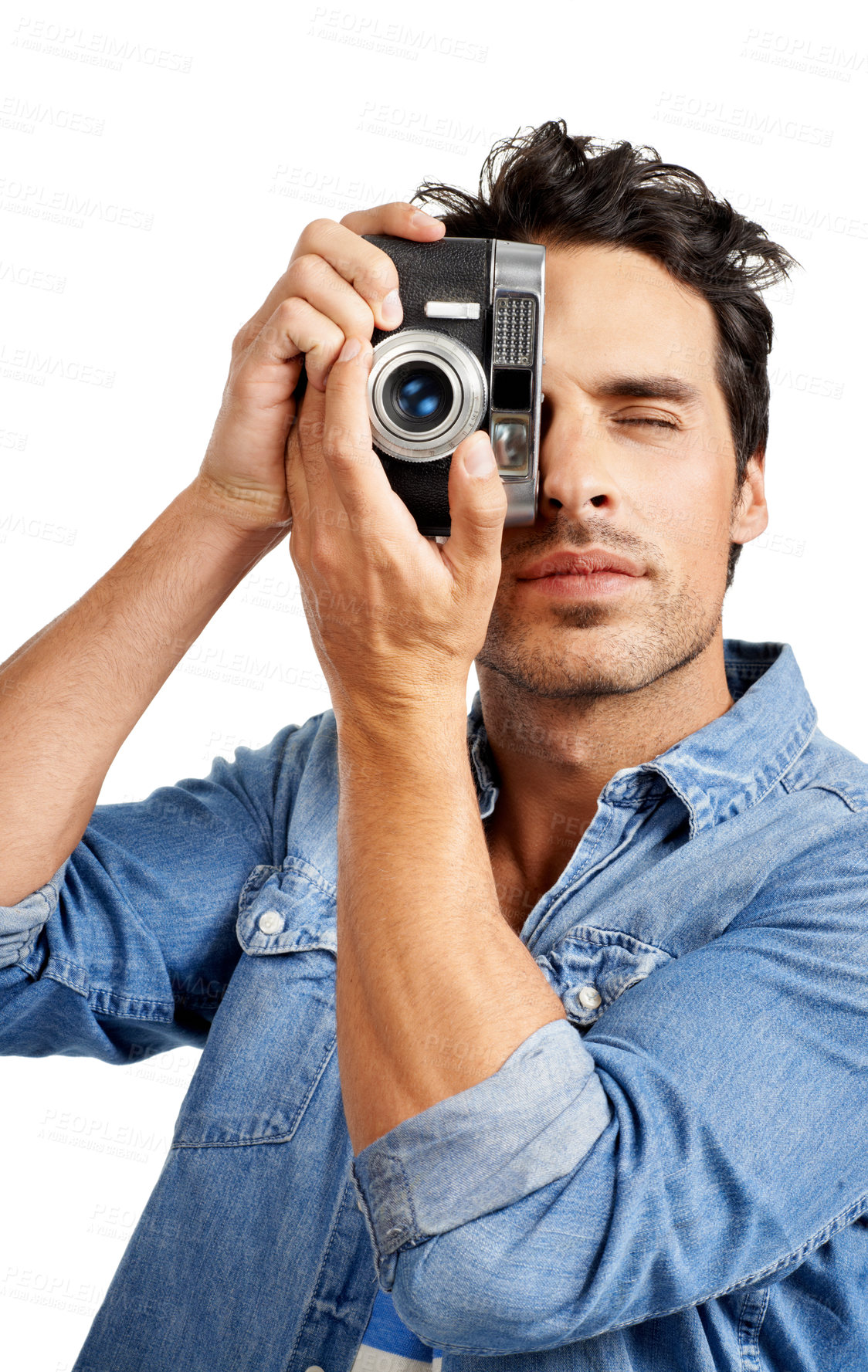 Buy stock photo Portrait, camera and man with photography, creativity and paparazzi isolated on a white studio background. Face, person and model with vintage equipment, photographer and photoshoot with journalist