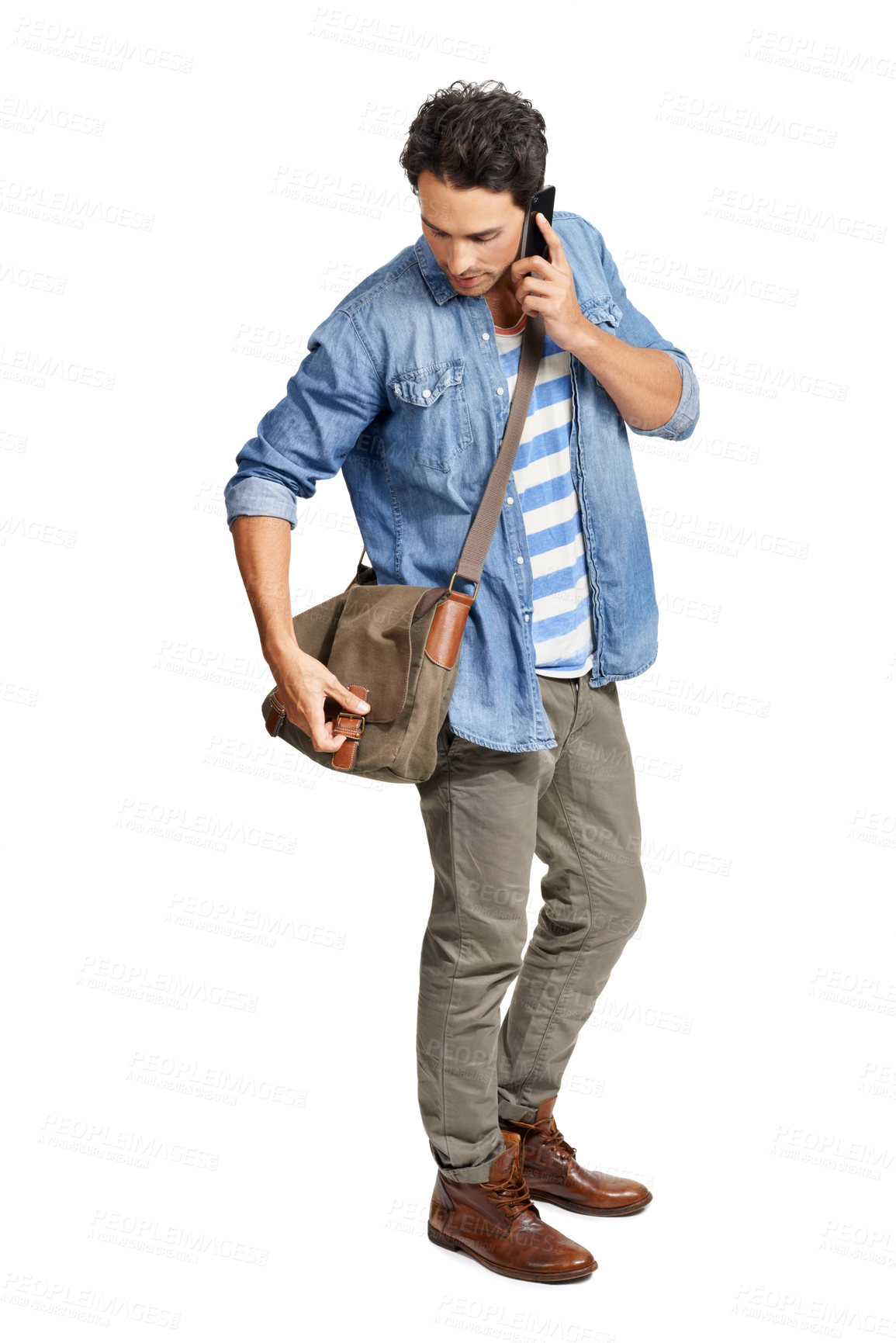 Buy stock photo Man, phone call and conversation in studio, connection and technology by white background on app. Male person, smartphone and communication or network, speaking and internet for online discussion