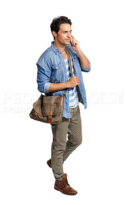Buy stock photo Man, phone call and conversation in studio, speaking and technology by white background on app. Male person, smartphone and communication or network, connection and internet for online discussion