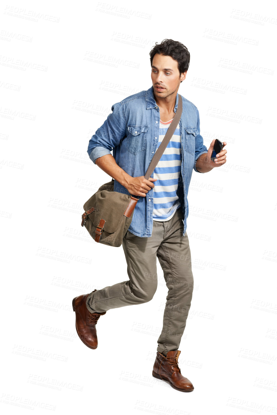 Buy stock photo Man, run and phone in studio, mobile application and technology by white background or website. Male person, smartphone and communication or network, connection and internet for online discussion