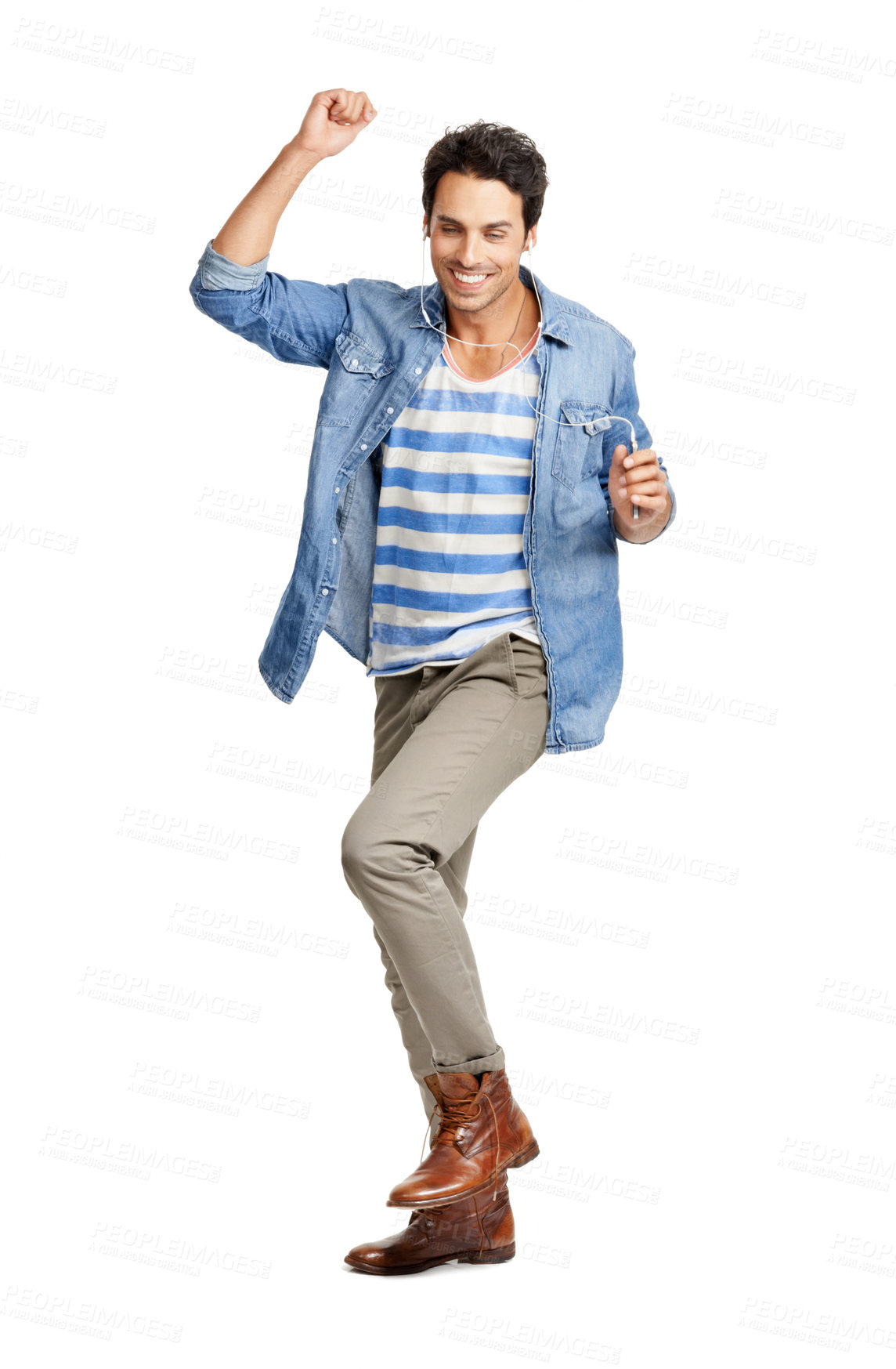 Buy stock photo A handsome young man punching the air in excitement