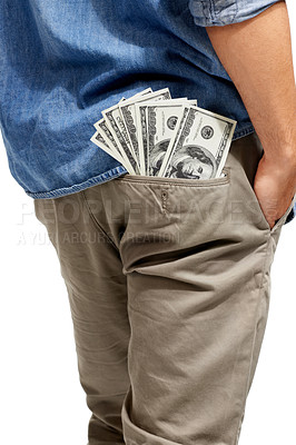 Buy stock photo Cropped image of a wad of cash sticking out of a man's pocket