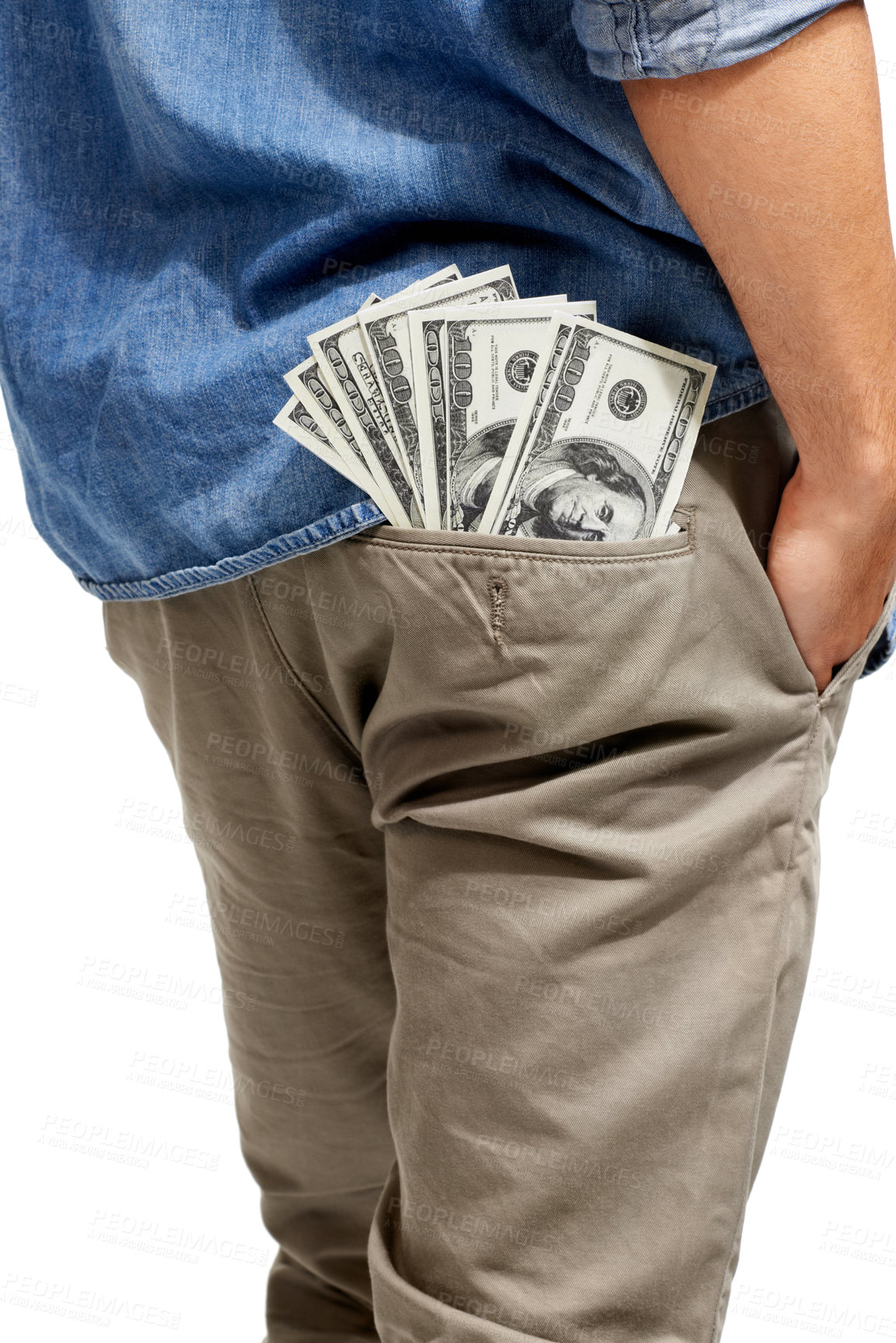 Buy stock photo Cropped image of a wad of cash sticking out of a man's pocket