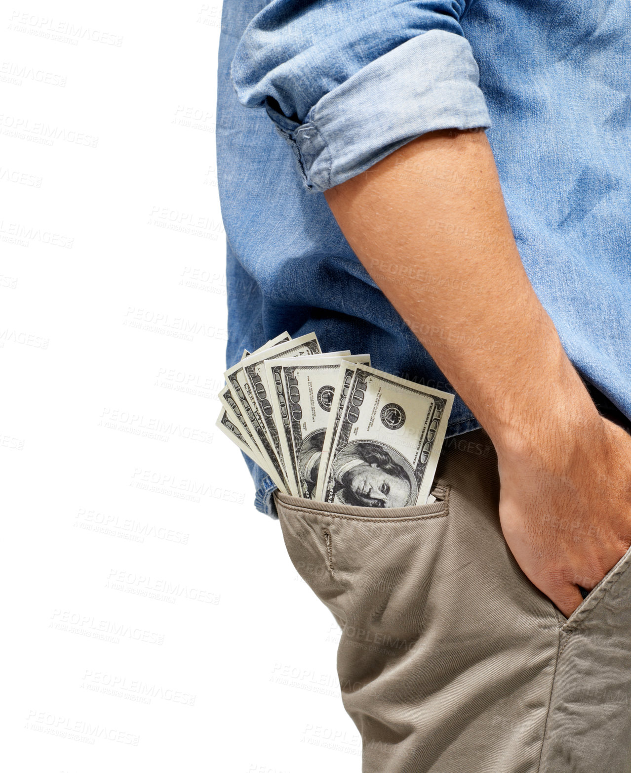 Buy stock photo Man, hand and pocket of cash for financial freedom, profit or investment against a white studio background. Closeup of male person with money, dollar bills or savings in finance, bribe or salary