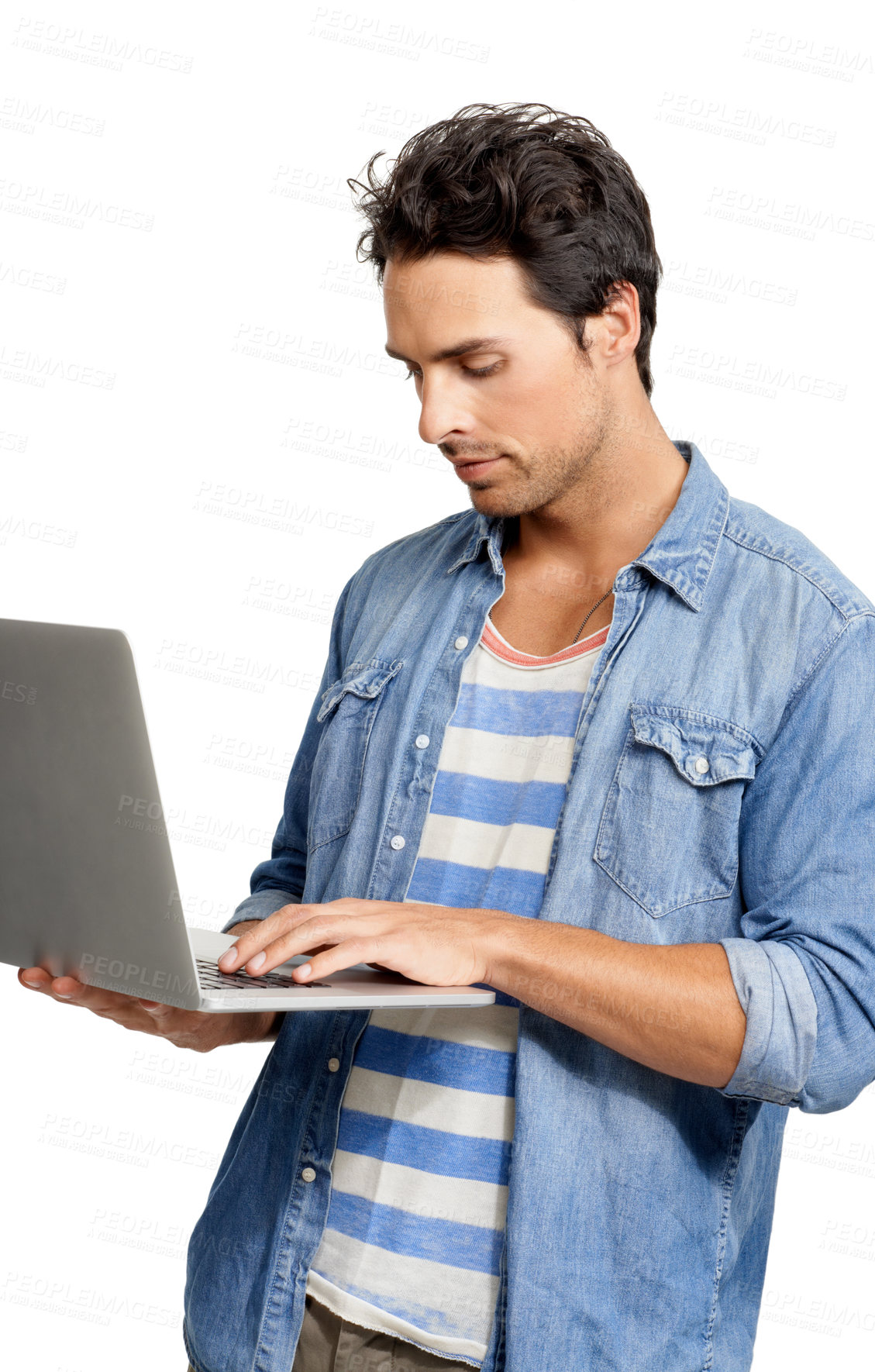 Buy stock photo Man, laptop and typing an email, studio and networking with internet connection by white background. Male person, technology and website for planning, online research and copywriting or freelancer
