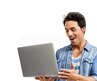 Buy stock photo Man, laptop and surprise for notification, studio and winner of online competition by white background. Male person, technology and shock for announcement, reading and happy with information or web