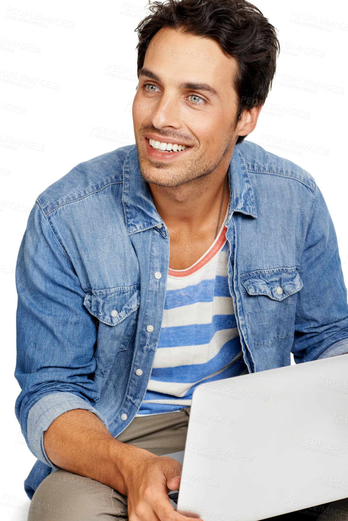 Buy stock photo Man, internet and connection on laptop, smile and networking by white background. Male person, subscription and website in studio, online research and shopping or happy for planning on technology
