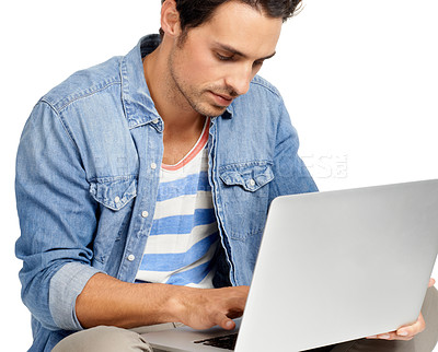 Buy stock photo Man, internet and connection on laptop, typing and networking by white background. Male person, subscription and website in studio, online research and shopping or technology for planning or blog