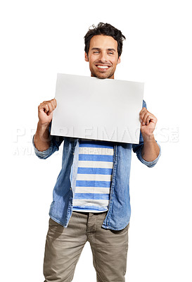 Buy stock photo Man, poster mockup and portrait or presentation board in studio for promotion, information or white background. Male person, face and placard signage for advertising, recommendation or suggestion