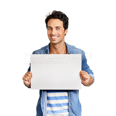 Buy stock photo Studio, blank sign and portrait of man with mockup, promo and isolated on white background. Signage, advertising offer and happy male model with poster for news, announcement or deal on cardboard.