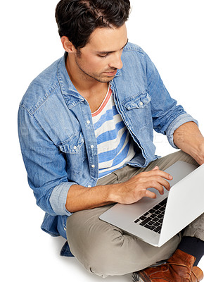 Buy stock photo Man, plan and connection on laptop, typing and networking by white background. Male person, subscription and website in studio, online research and shopping or internet on technology for blogging