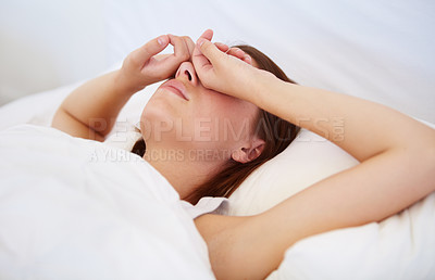 Buy stock photo Wake up, tired or burnout by woman in bed with hands on eyes frustrated with insomnia, crisis or disaster. Bedroom, problem or female person in a house with sleeping issue, exhausted or fatigue