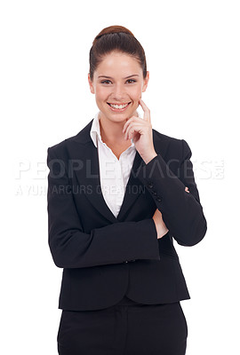 Buy stock photo Woman, portrait and business white studio background isolated with idea as an expert in a company. Professional, model and manager with a smile for leadership with creative solution for organisation.