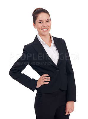 Buy stock photo Business, portrait and happy woman in studio confident, young and empowered on white background. Face, smile and female manager person posing with positivity, proud and professional while isolated