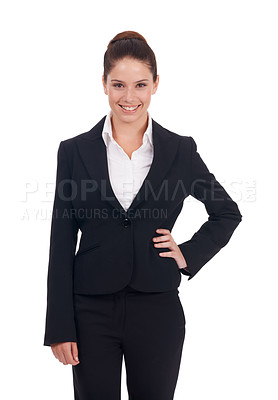 Buy stock photo Portrait, happy and business woman in studio confident, young and empowered on white background. Face, smile and female manager person posing with positivity, proud and professional while isolated
