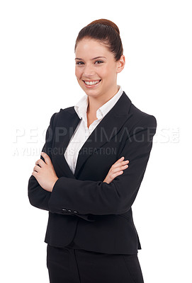 Buy stock photo Portrait, business and woman with arms crossed, smile and employee isolated against white studio background. Face, female consultant and entrepreneur with confidence, professional and career success