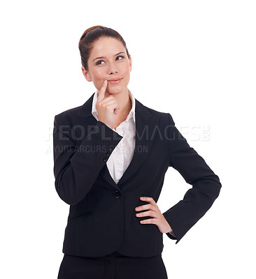 Buy stock photo Thinking, business and woman with ideas, opportunity and employee isolated against white studio background. Female person, entrepreneur and consultant with choices, promotion and thoughts with career