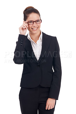 Buy stock photo Professional portrait, glasses and studio woman happy for corporate work, business success or job career growth. Happiness, real estate agent and female realtor smile isolated on white background