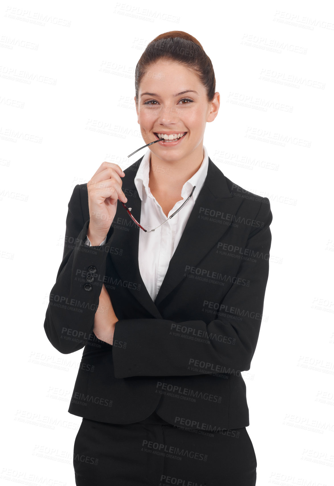 Buy stock photo Portrait, studio glasses and business woman with smile for corporate work, professional success or job career growth. Confidence, real estate agent and happy realtor isolated on white background