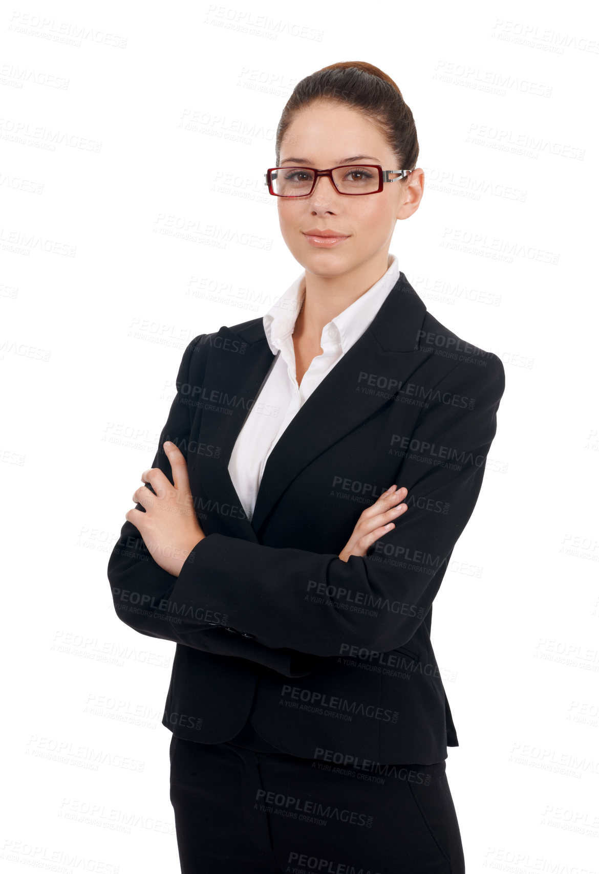 Buy stock photo Professional portrait, arms crossed and woman confidence in legal business work, law firm pride or corporate job career. Justice, studio attorney and female lawyer isolated on white background