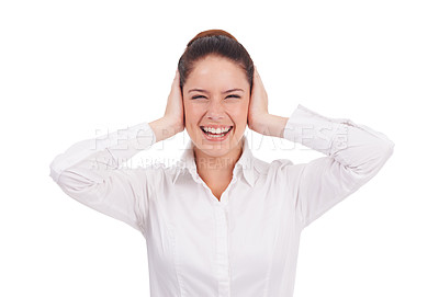 Buy stock photo Cover ears, upset and portrait of business woman on white background with stress, anxiety and burnout. Mental health, worry and person with hand gesture for shouting, scream and loud noise in studio