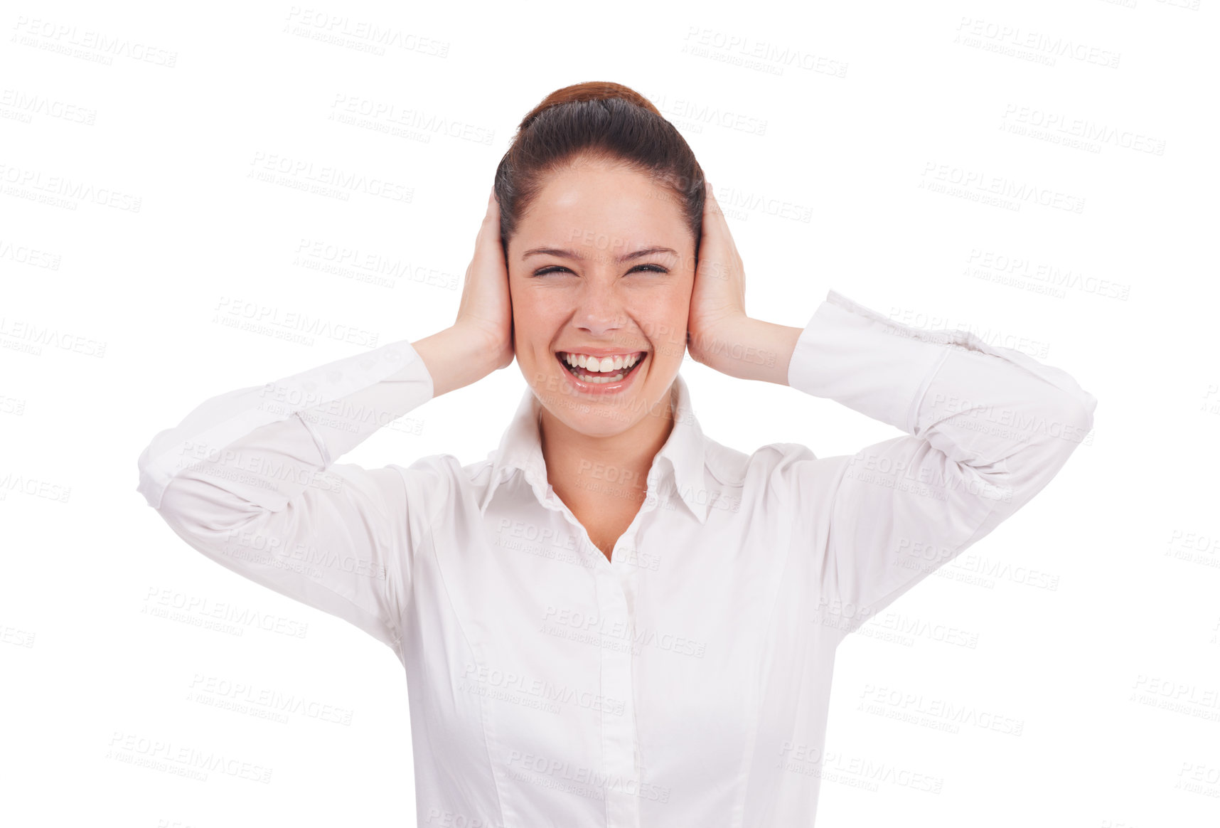 Buy stock photo Cover ears, upset and portrait of business woman on white background with stress, anxiety and burnout. Mental health, worry and person with hand gesture for shouting, scream and loud noise in studio