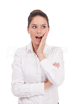 Buy stock photo Business woman, wow and shocked in studio for information, bad gossip or fake news on a white background. Worker, employee or model with surprise, thinking and secret or whisper for career intel