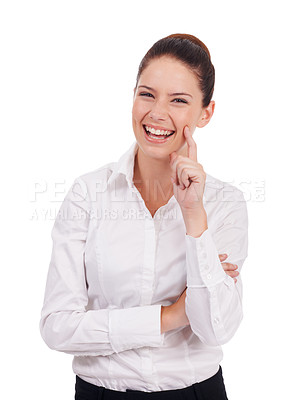 Buy stock photo Studio portrait, corporate or woman laugh at funny real estate joke, comedy or property developer humour. Profile picture, realtor happiness and laughing expert person isolated on white background