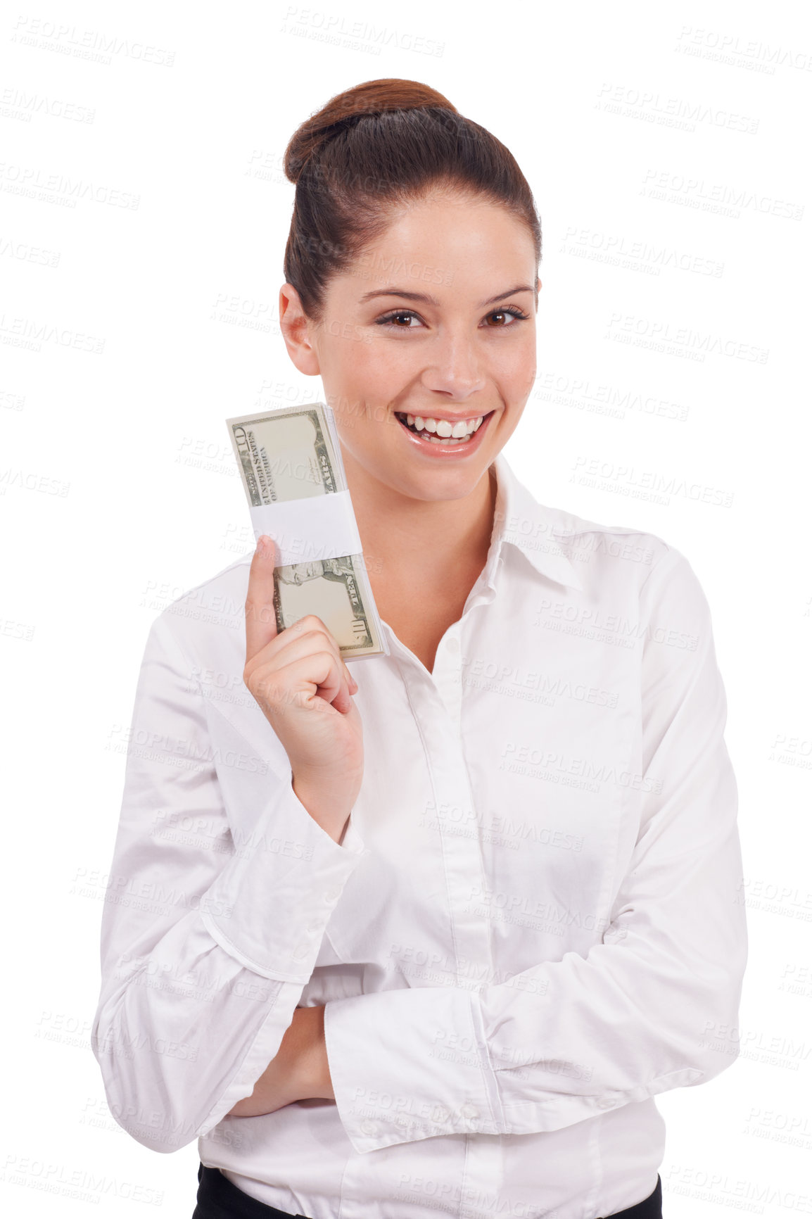 Buy stock photo Portrait, dollars and happy woman with money, business revenue or cash bills for studio savings, budget or salary. Bonus, prize winner and person with financial success isolated on white background 