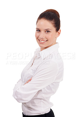 Buy stock photo Happy, work and portrait of a woman with arms crossed isolated on a white background in a studio. Smile, pride and a corporate employee with happiness, confidence and professional for a company