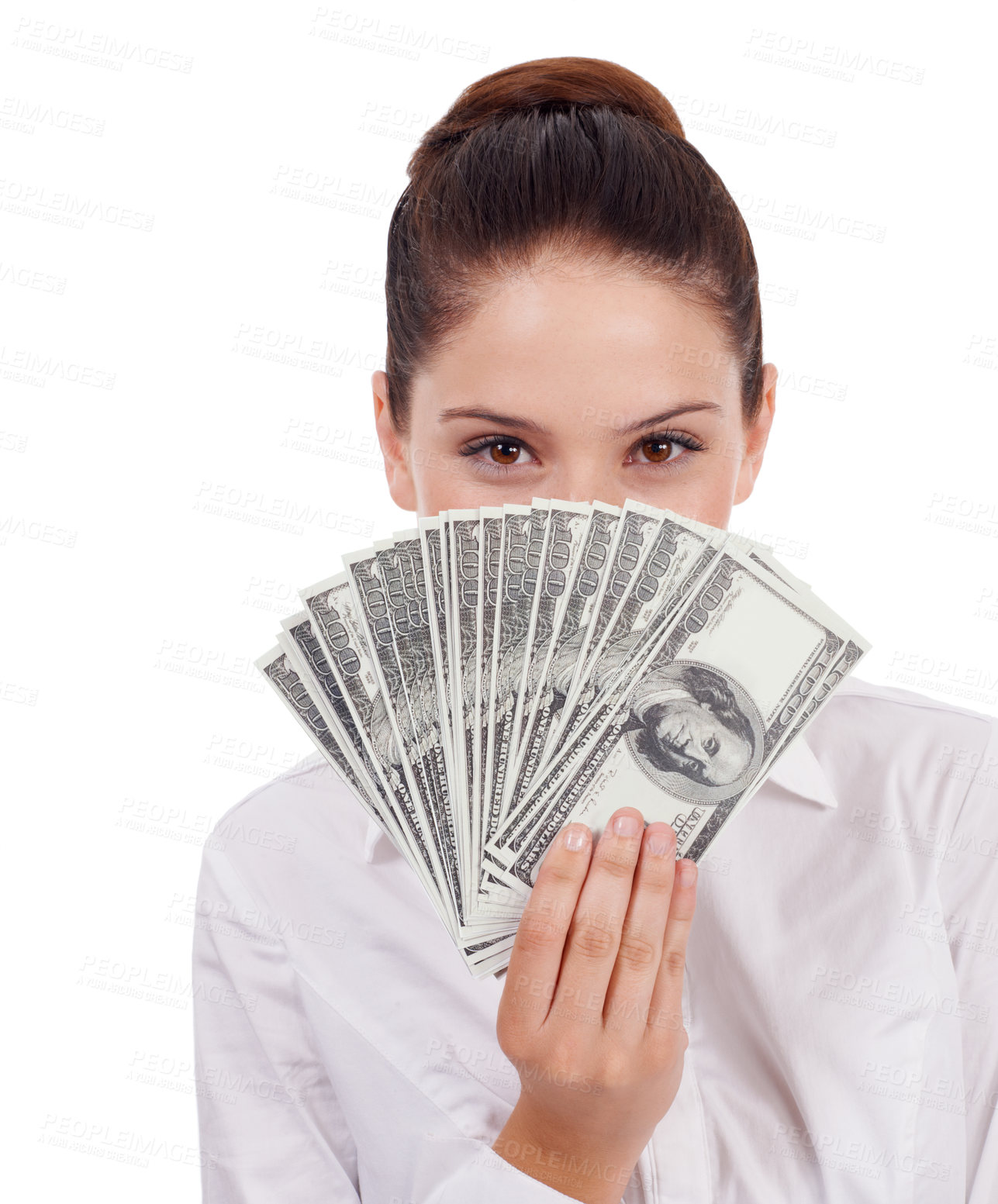Buy stock photo Face portrait, money and hidden woman with lotto award win, dollar bills giveaway or studio investment, savings or revenue. Financial freedom success, winner and person isolated on white background
