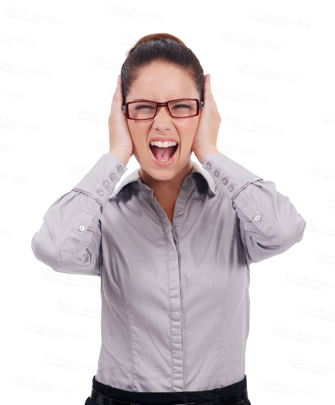Buy stock photo Business woman, scream and covering ears portrait in studio while frustrated, angry and upset. Face of a professional female person isolated in a white background for noise, stress or conflict