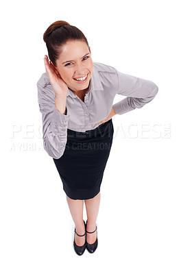 Buy stock photo Business woman, listening and happy for gossip, news or confidential information on white background. Portrait of young employee and palm or hands cupping ears in whisper or rumor in studio above
