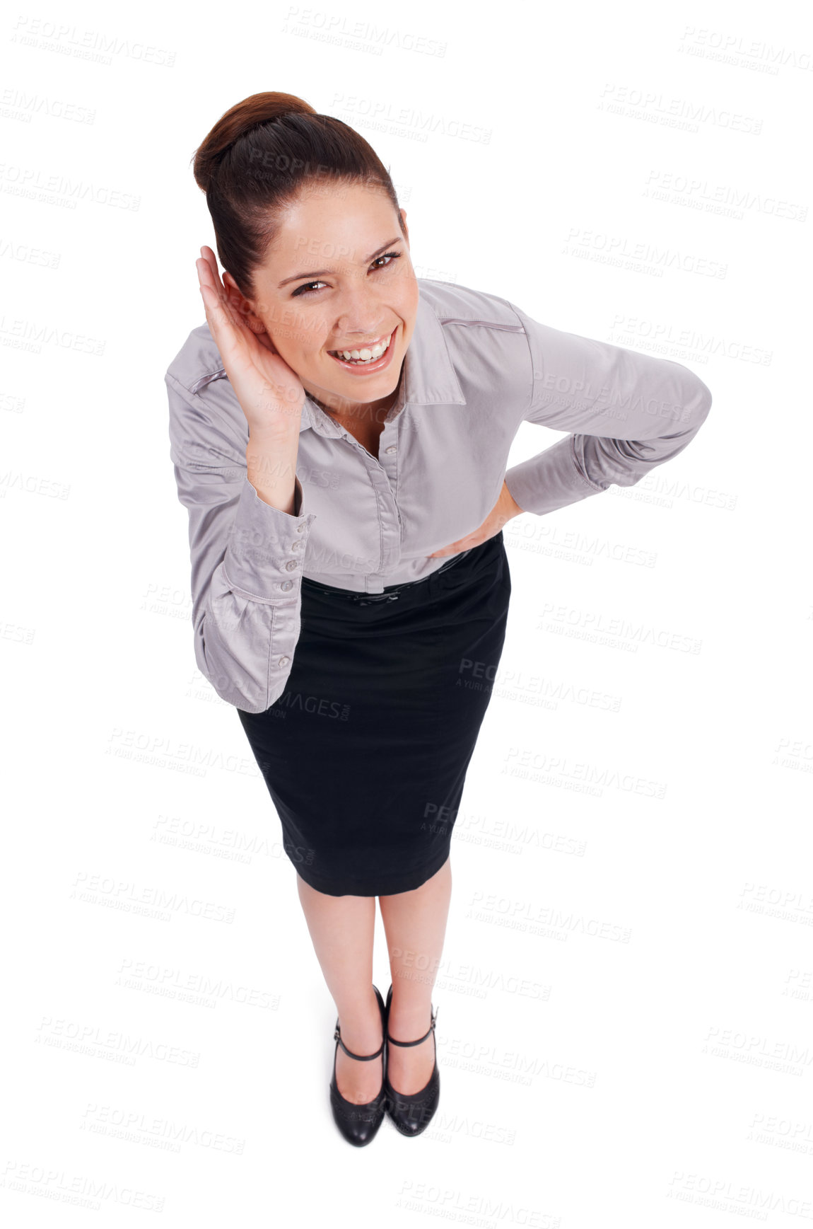 Buy stock photo Business woman, listening and happy for gossip, news or confidential information on white background. Portrait of young employee and palm or hands cupping ears in whisper or rumor in studio above