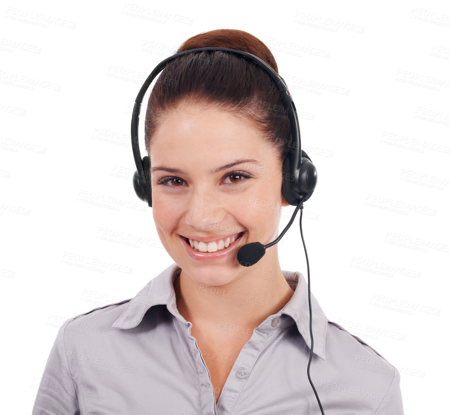 Buy stock photo Portrait, smile and woman with telemarketing, call center and operator isolated against a white studio background. Face, female person and consultant with a headset, customer service and tech support
