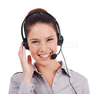 Buy stock photo Woman, portrait and studio with smile for call center job for customer service, telemarketing or crm. Isolated girl, tech support and headphones with mic, consulting and happy by white background