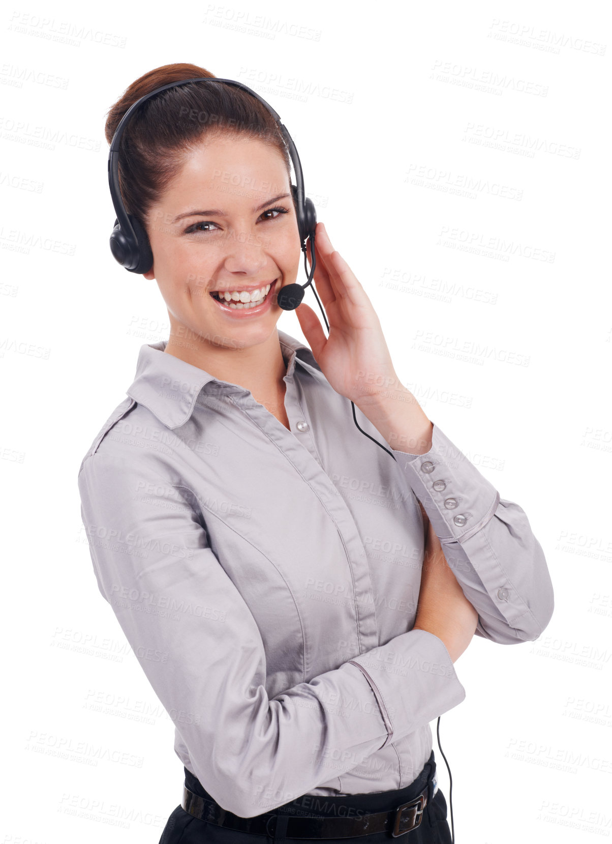 Buy stock photo Call center, happy woman sales consultant with headset and in white background. Telemarketing or communication, customer service and portrait of smiling worker with headphones isolated in studio
