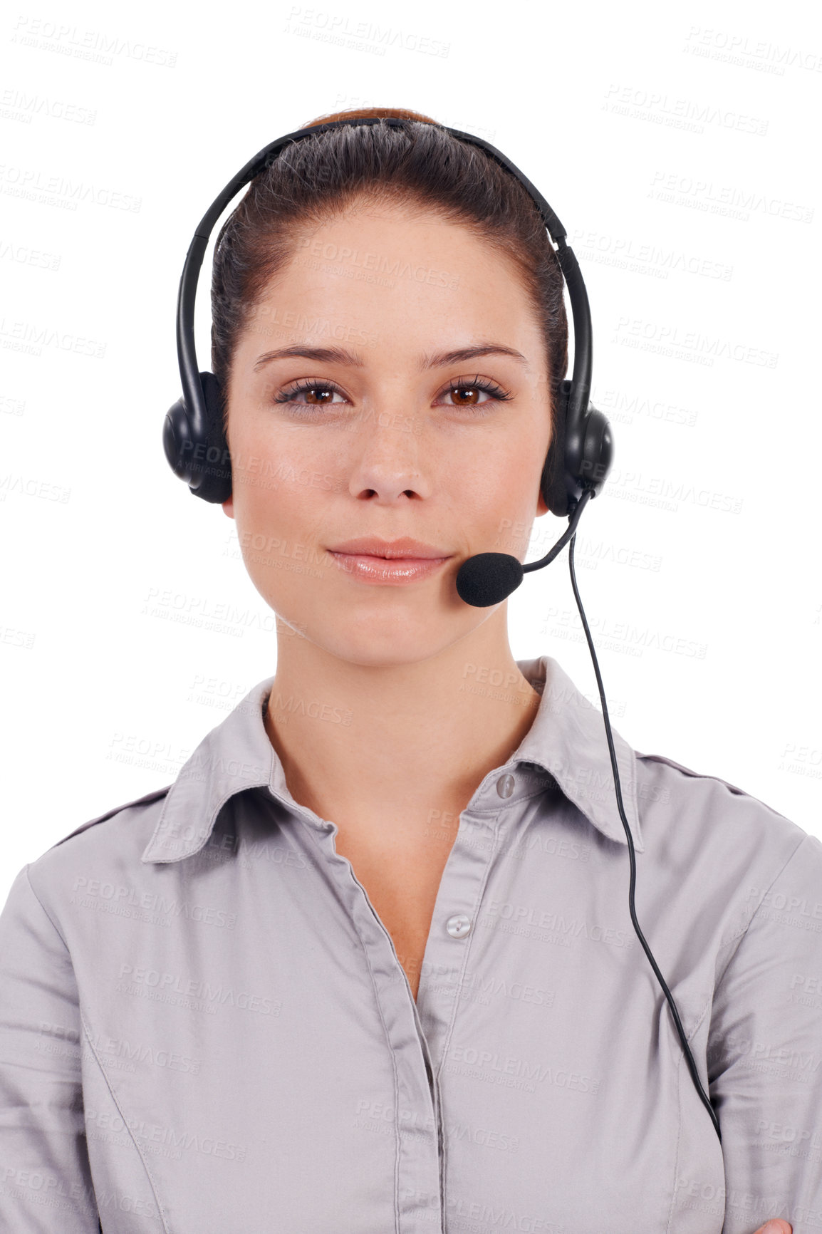 Buy stock photo Customer service portrait, call center studio and woman on business chat, telecom mic or telemarketing communication. Female consultant, profile picture or tech support consulting on white background