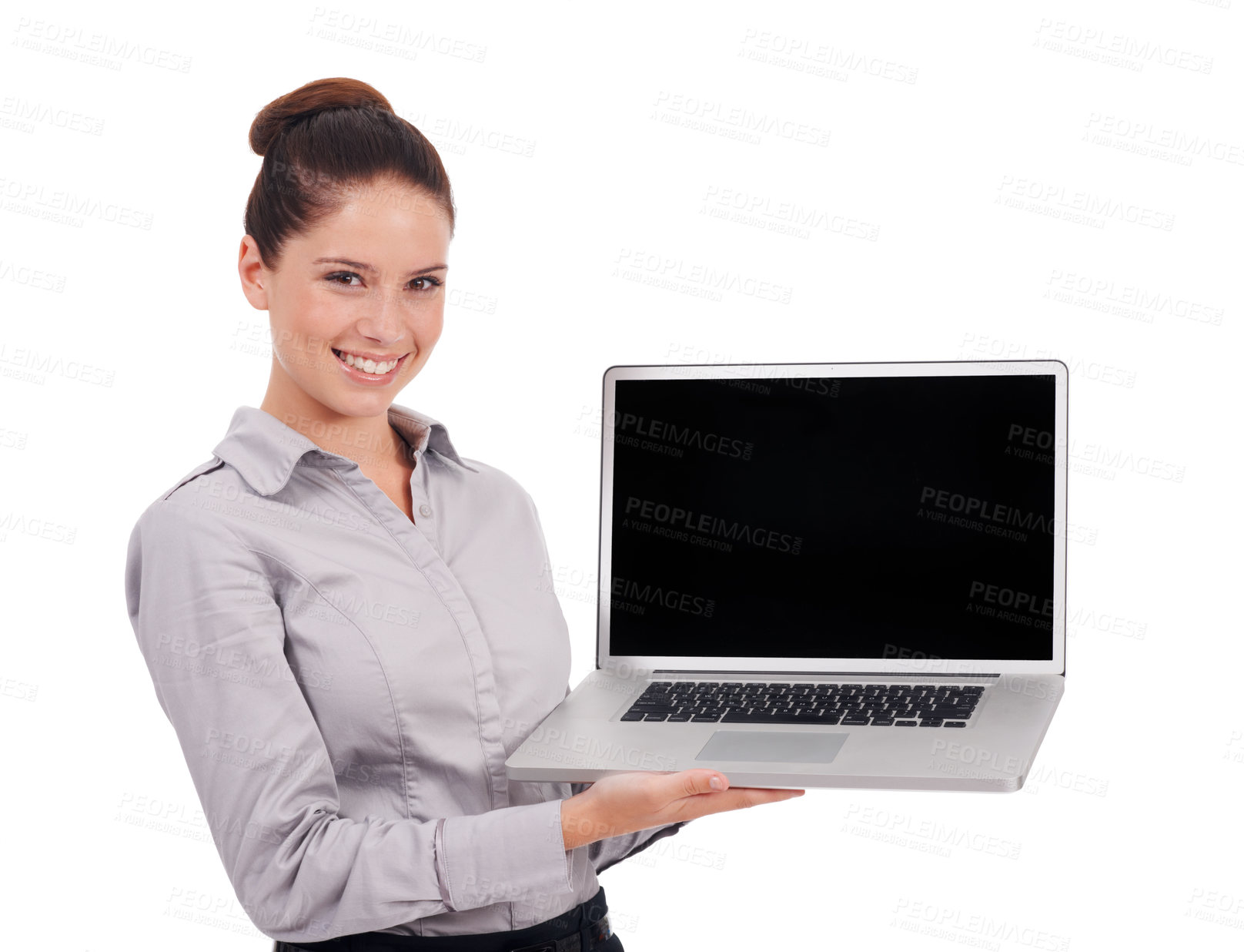 Buy stock photo Laptop screen, studio and happy portrait woman with corporate mock up for online advertising, branding or logo . Professional, smile and person with website presentation isolated on white background