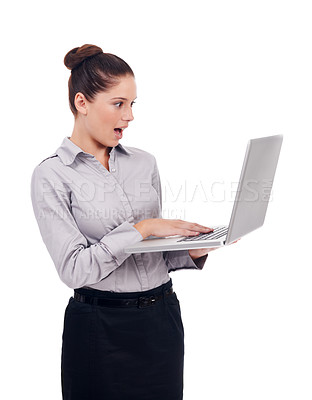 Buy stock photo Laptop, studio surprise and corporate woman shocked over business notification, email announcement or OMG news. Wow, reading online information and professional person isolated on white background