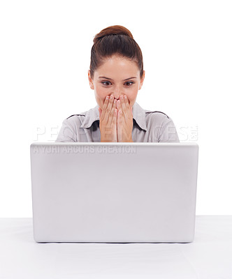 Buy stock photo Laptop, surprise and corporate woman reading business feedback notification, winner announcement or OMG news. Wow achievement, online info and shocked studio person isolated on white background