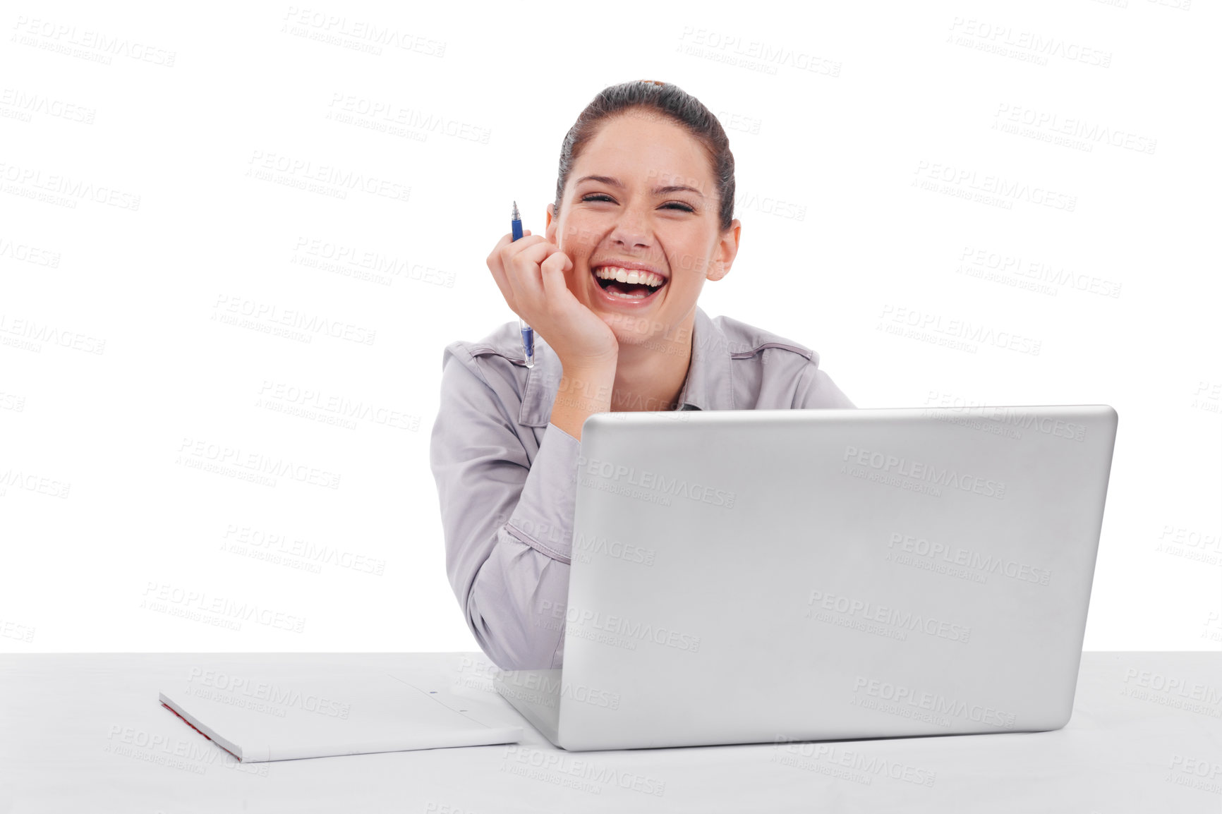 Buy stock photo Business woman, laugh and laptop by white background in studio portrait for meme, comic video or social media. Entrepreneur, funny and excited face for notification, news or joke with app on computer