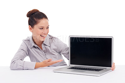 Buy stock photo Laptop screen gesture, business mockup and happy woman with brand promotion, announcement or email notification. Studio, branding and person with online presentation isolated on white background