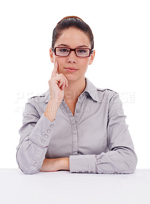 Buy stock photo Serious, portrait and business woman in studio with attitude, assertive and focus on white background. Face, empowered and female person posing with confidence, proud and professional while isolated