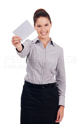 Buy stock photo Business card mockup, portrait and happy woman with studio promotion sign, contact information or advertising placard. Info presentation, branding promo space and person isolated on white background