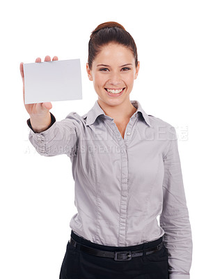 Buy stock photo Mockup, paper and portrait of woman in studio for idea, networking and idea. Corporate, signage and happy with female employee and business card on white background for news and presentation 