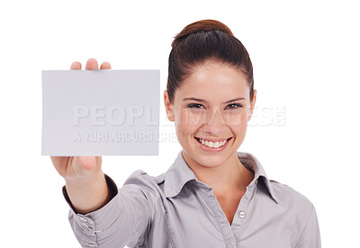 Buy stock photo Mockup, business card and portrait of woman in studio for idea, networking and show. Corporate, signage and happy with female employee and paper on white background for news and presentation 