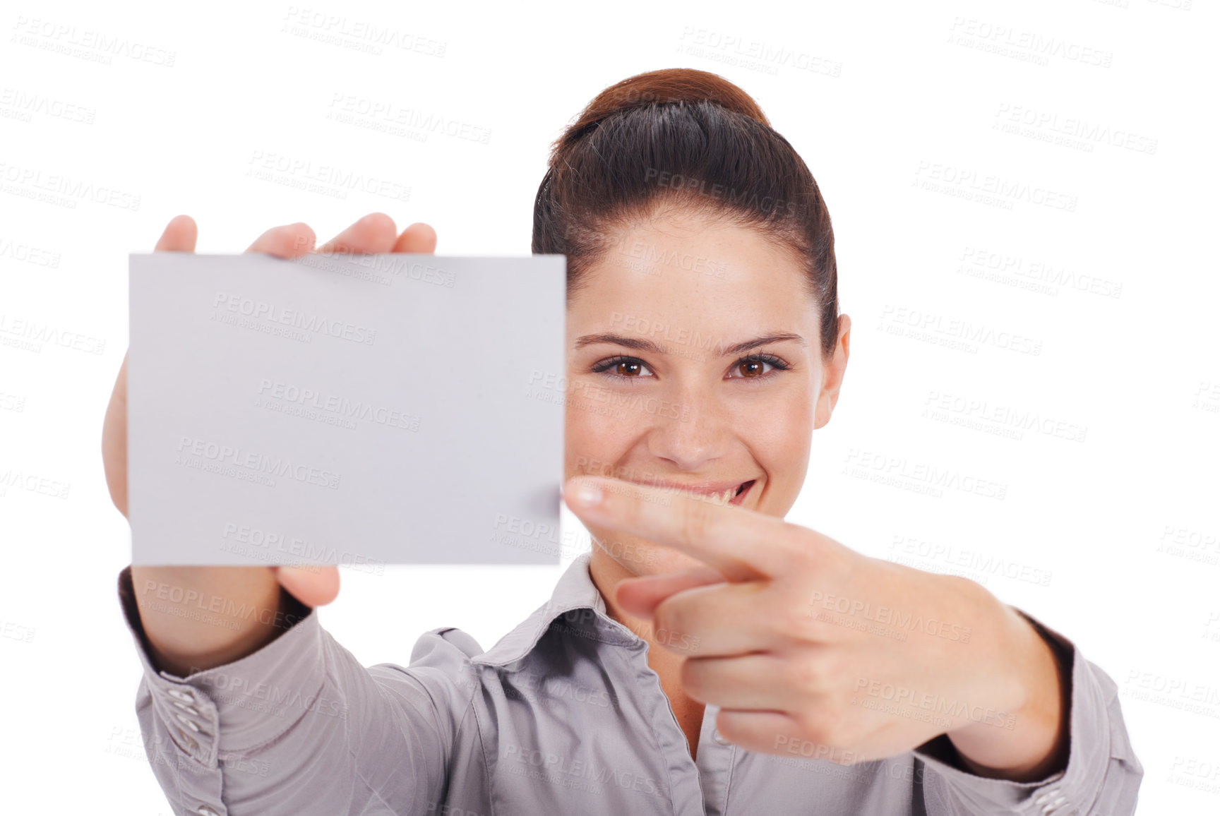 Buy stock photo Mockup, paper and portrait of business woman in studio for idea, networking and idea. Corporate, signage and happy with female employee pointing to card on white background for news and presentation 
