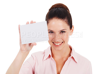 Buy stock photo Mockup, business card and smile with portrait of woman in studio for idea, brand and space. Corporate, signage and happy with female employee and paper on white background for news and presentation 
