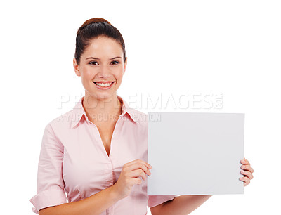 Buy stock photo Mockup, paper and smile with portrait of woman in studio for idea, promotion and space. Corporate, signage and happy with female employee and card on white background for news and presentation 